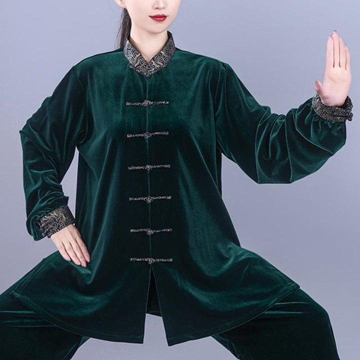 Buddha Stones 2 pezzi autunno inverno Tai Chi Qigong nuvole di buon auspicio colletto alto rana-bottoni unisex velluto meditazione abbigliamento set - image 16