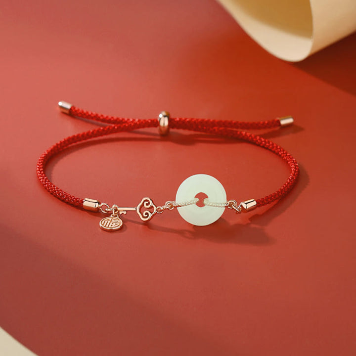 Buddha Stones Natural Hetian Jade Peace Buckle 925 Sterling Silver Red String Fu Character Protezione Braccialetto Fortunato
