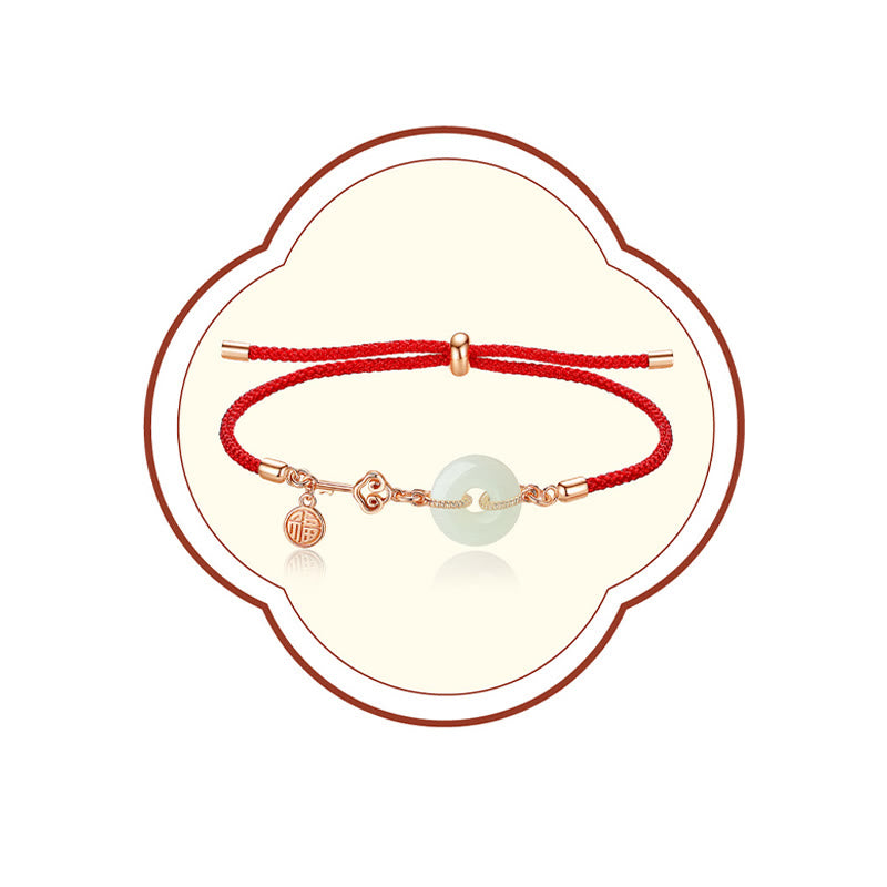Buddha Stones Natural Hetian Jade Peace Buckle 925 Sterling Silver Red String Fu Character Protezione Braccialetto Fortunato