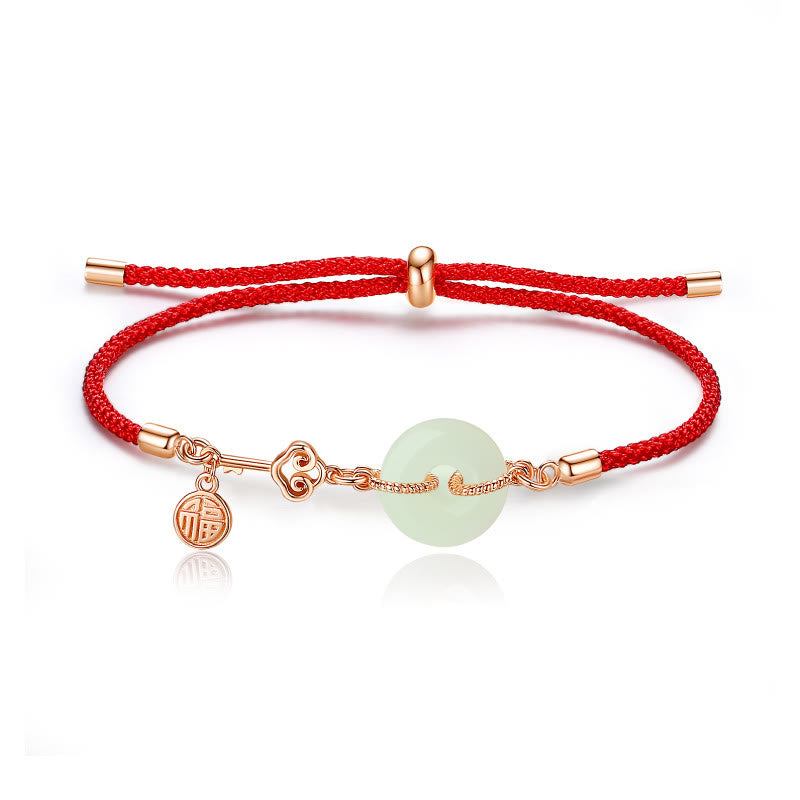 Buddha Stones Natural Hetian Jade Peace Buckle 925 Sterling Silver Red String Fu Character Protezione Braccialetto Fortunato