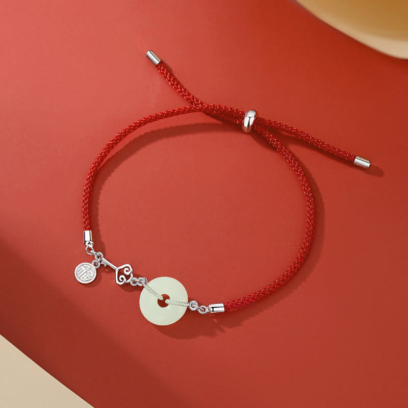 Buddha Stones Natural Hetian Jade Peace Buckle 925 Sterling Silver Red String Fu Character Protezione Braccialetto Fortunato