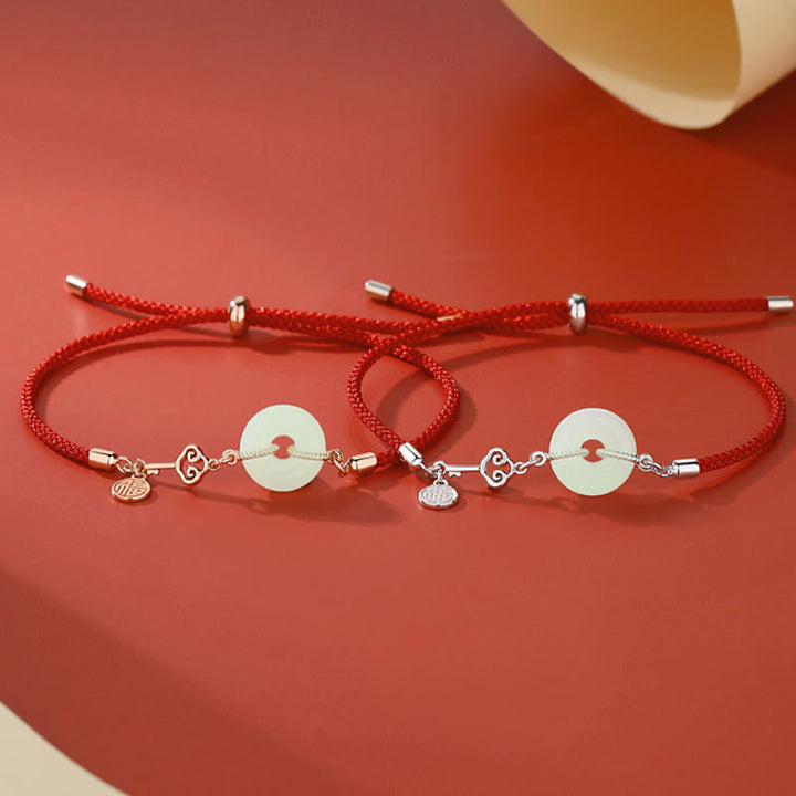 Buddha Stones Natural Hetian Jade Peace Buckle 925 Sterling Silver Red String Fu Character Protezione Braccialetto Fortunato