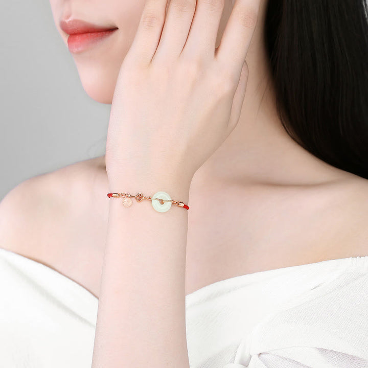 Buddha Stones Natural Hetian Jade Peace Buckle 925 Sterling Silver Red String Fu Character Protezione Braccialetto Fortunato