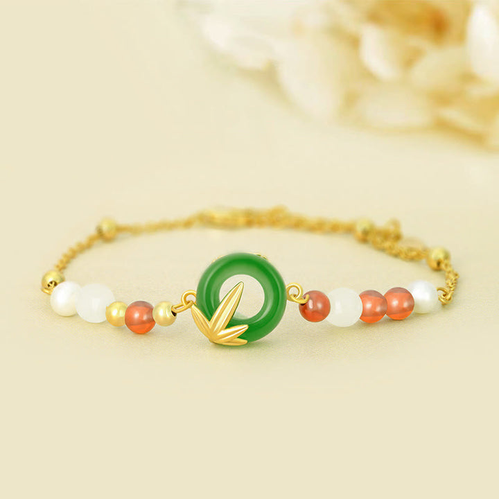 Buddha Stones 925 Sterling Silver Calcedonio Verde Fibbia della Pace Braccialetto di Bambù Calmo