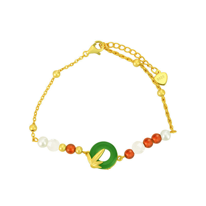 Buddha Stones 925 Sterling Silver Calcedonio Verde Fibbia della Pace Braccialetto di Bambù Calmo