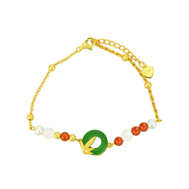 Buddha Stones 925 Sterling Silver Calcedonio Verde Fibbia della Pace Braccialetto di Bambù Calmo