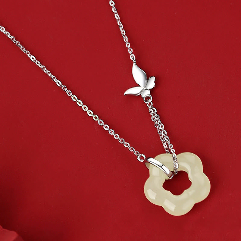 Collana con ciondolo a forma di fiore di giada Hetian con farfalla in argento sterling 925 Buddha Stones