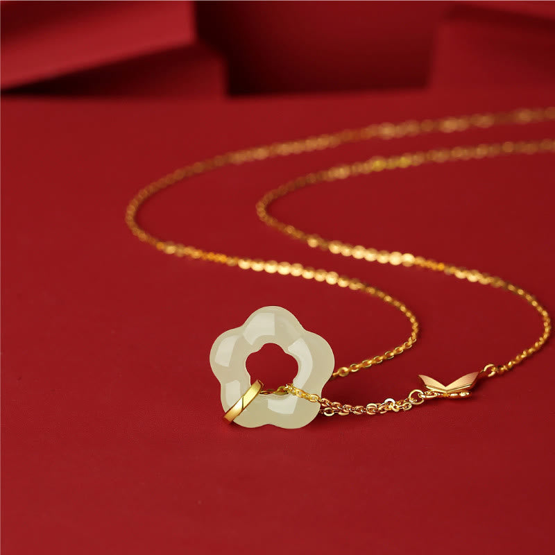 Collana con ciondolo a forma di fiore di giada Hetian con farfalla in argento sterling 925 Buddha Stones