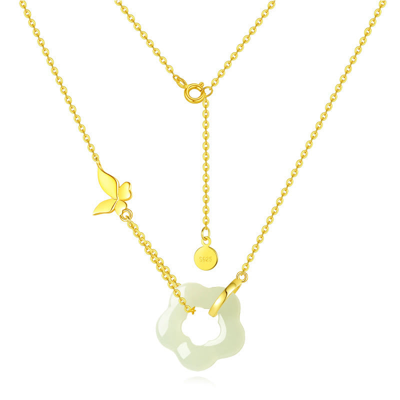 Collana con ciondolo a forma di fiore di giada Hetian con farfalla in argento sterling 925 Buddha Stones