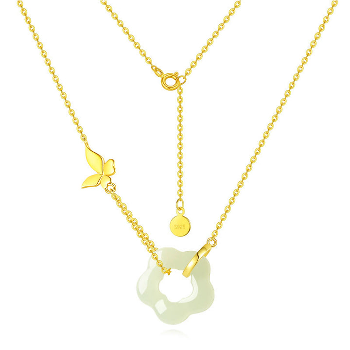 Collana con ciondolo a forma di fiore di giada Hetian con farfalla in argento sterling 925 Buddha Stones