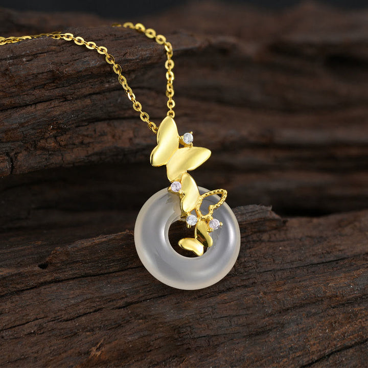 Buddha Stones 925 Sterling Silver Butterfly Calcedonio Pace Fibbia Benedizione Fortuna Collana Pendente