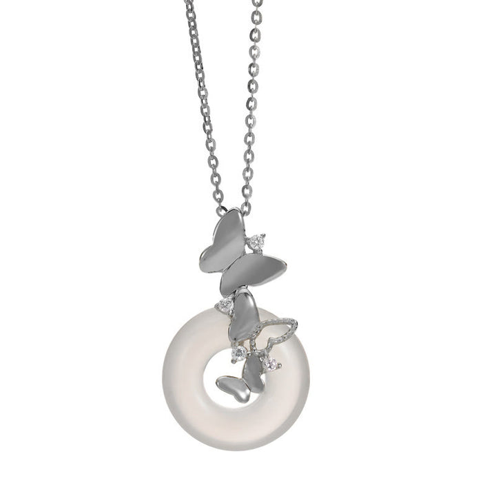 Buddha Stones 925 Sterling Silver Butterfly Calcedonio Pace Fibbia Benedizione Fortuna Collana Pendente