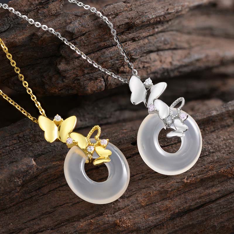 Buddha Stones 925 Sterling Silver Butterfly Calcedonio Pace Fibbia Benedizione Fortuna Collana Pendente