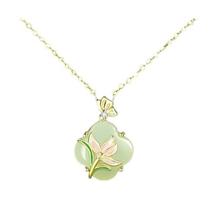 Buddha Stones 925 Argento Sterling Magnolia Farfalla Hetian Giada Quadrifoglio Benedizione Orecchini Collana Pendente