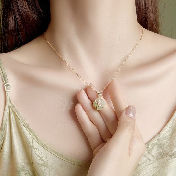 Buddha Stones 925 Argento Sterling Magnolia Farfalla Hetian Giada Quadrifoglio Benedizione Orecchini Collana Pendente - image 2