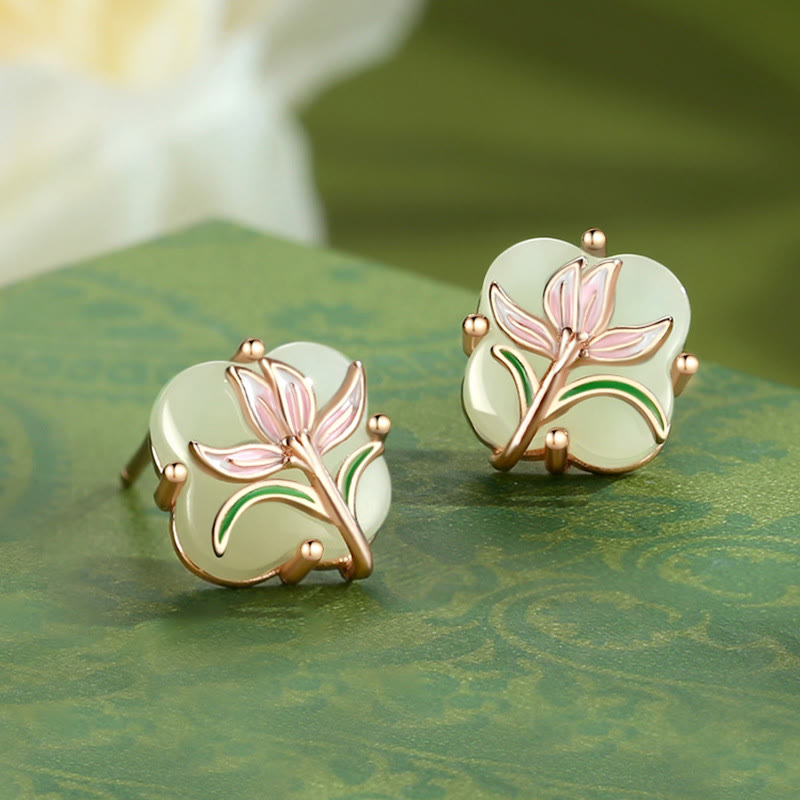 Buddha Stones 925 Argento Sterling Magnolia Farfalla Hetian Giada Quadrifoglio Benedizione Orecchini Collana Pendente - Orecchini in giada di Hetian - Argento Sterling 925 placcato oro rosa - image 10