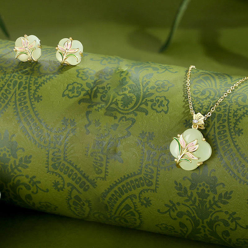 Buddha Stones 925 Argento Sterling Magnolia Farfalla Hetian Giada Quadrifoglio Benedizione Orecchini Collana Pendente