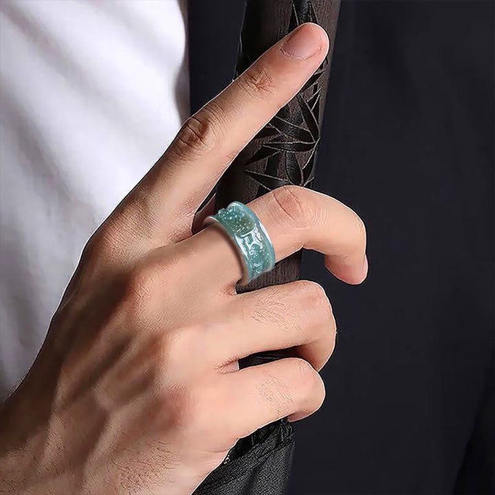 Anello di prosperità intagliato con Buddha Stones in giada naturale Om Mani Padme Hum
