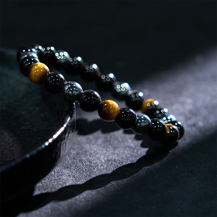 Braccialetto Buddha Stones Naturale Occhio di Tigre Ossidiana Ematite Positivo Potente