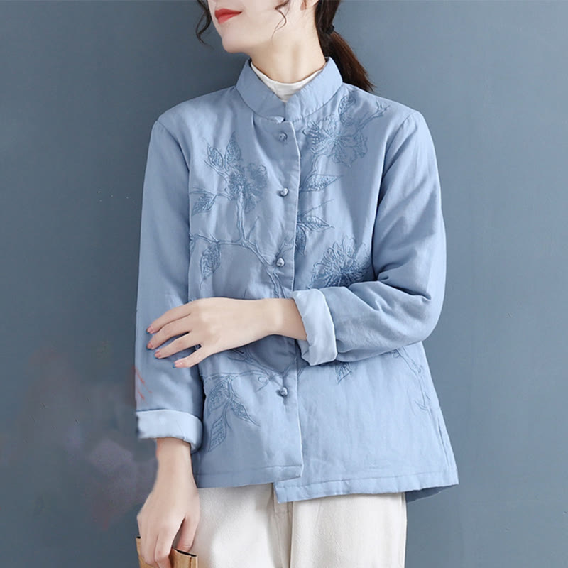 Camicia da donna in lino di cotone a maniche lunghe con motivo floreale retrò Buddha Stones - Azzurro cielo chiaro - US8-10, UK/AU12-14, EU40-42 (2XL) - image 0