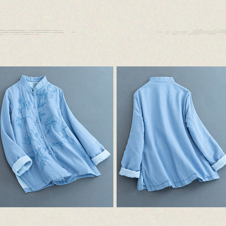 Camicia da donna in lino di cotone a maniche lunghe con motivo floreale retrò Buddha Stones - image 5