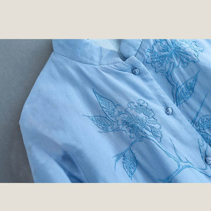 Camicia da donna in lino di cotone a maniche lunghe con motivo floreale retrò Buddha Stones - image 6