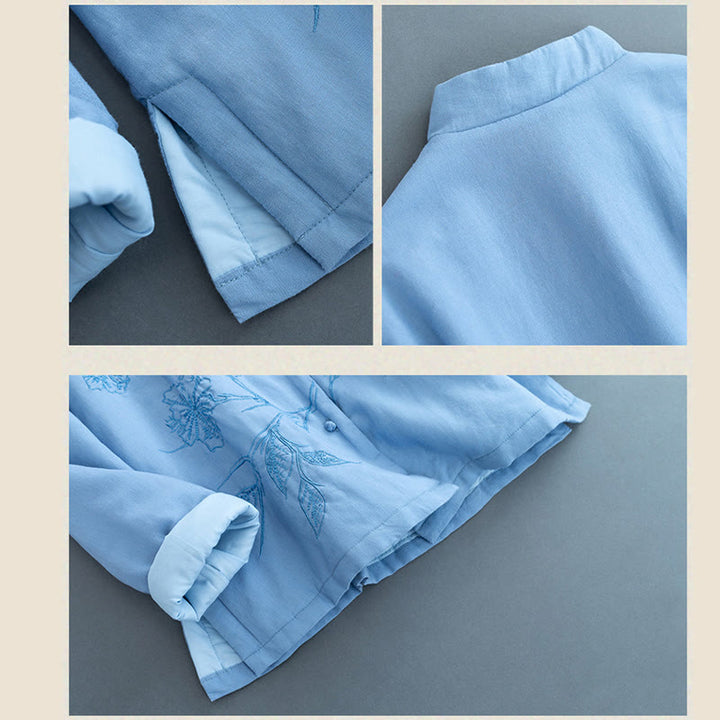 Camicia da donna in lino di cotone a maniche lunghe con motivo floreale retrò Buddha Stones - image 4