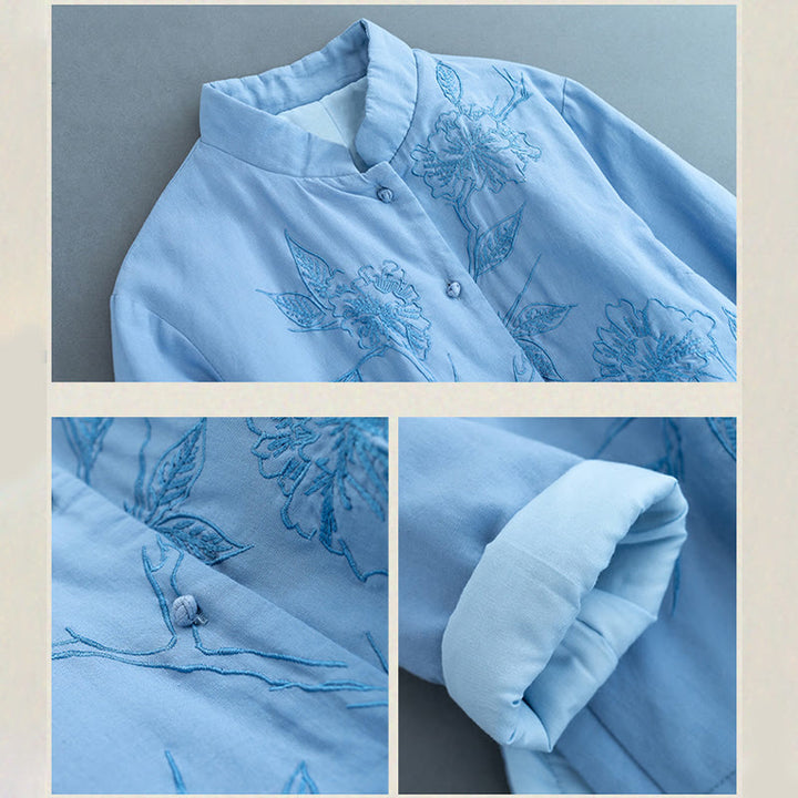 Camicia da donna in lino di cotone a maniche lunghe con motivo floreale retrò Buddha Stones - image 3