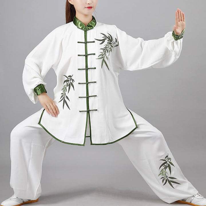 Buddha Stones 2 pezzi Foglie di bambù verde autunnale Ricamo Rana-bottone Tai Chi Meditazione Qigong Zen Pratica Set di abbigliamento unisex in cotone