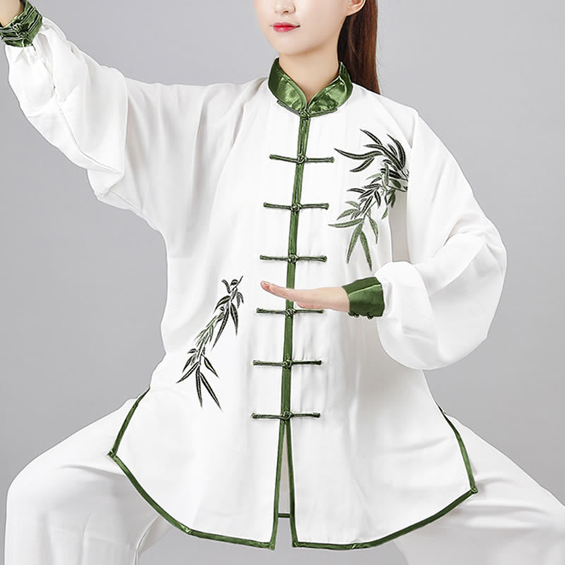 Buddha Stones 2 pezzi Foglie di bambù verde autunnale Ricamo Rana-bottone Tai Chi Meditazione Qigong Zen Pratica Set di abbigliamento unisex in cotone