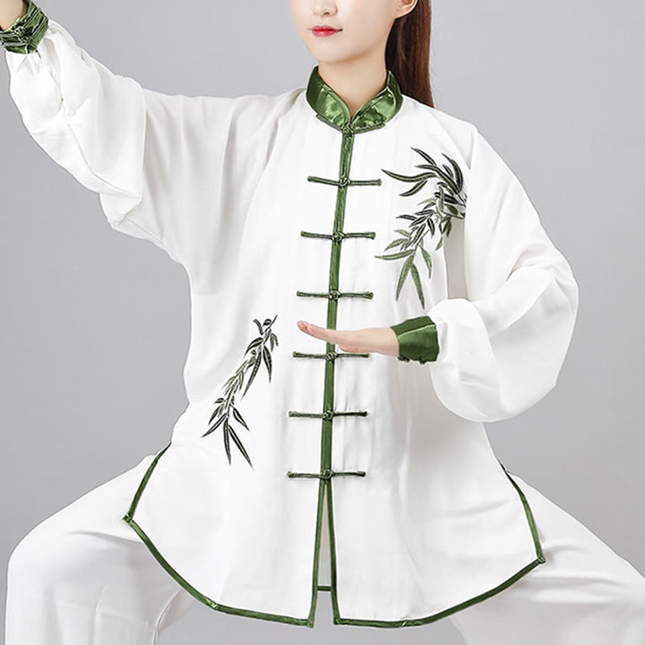 Buddha Stones 2 pezzi Foglie di bambù verde autunnale Ricamo Rana-bottone Tai Chi Meditazione Qigong Zen Pratica Set di abbigliamento unisex in cotone