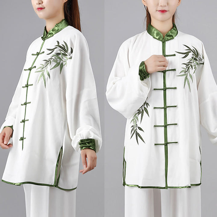 Buddha Stones 2 pezzi Foglie di bambù verde autunnale Ricamo Rana-bottone Tai Chi Meditazione Qigong Zen Pratica Set di abbigliamento unisex in cotone