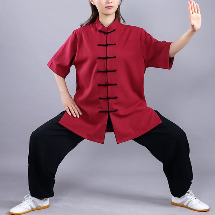 Buddha Stones 2 pezzi autunno inverno rana-bottone Tai Chi meditazione Qigong Zen pratica unisex cotone lino abbigliamento set - Manica corta color rosso vino - 3XL- ADATTO A US/ UK/AU/ EU- XL - image 11