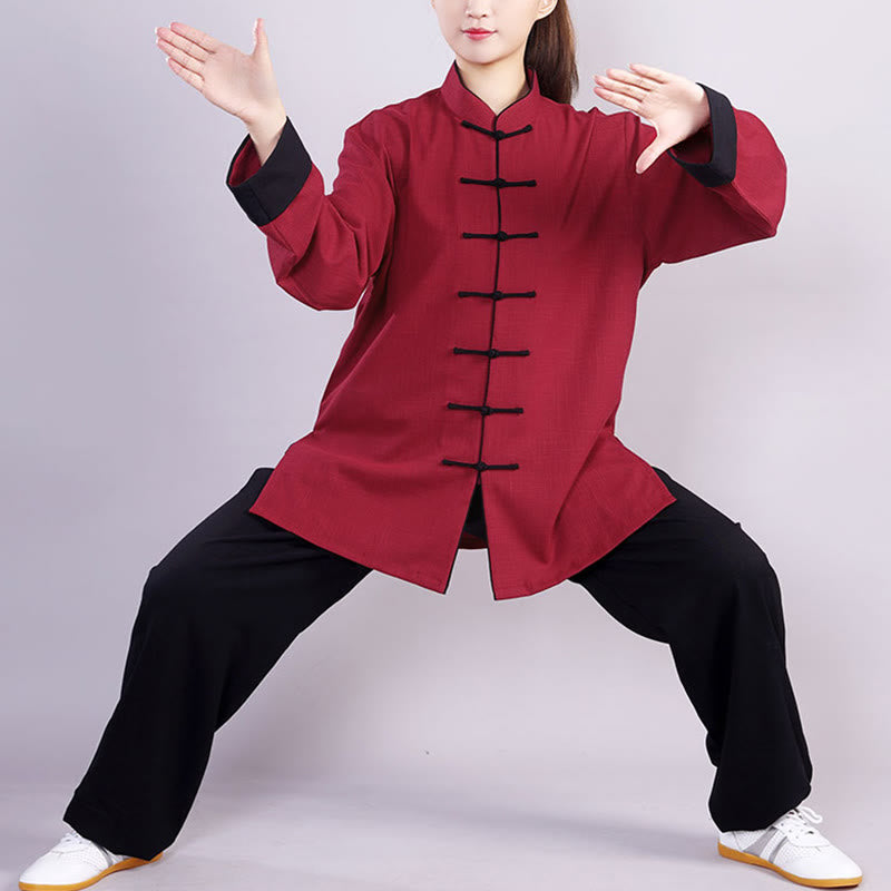 Buddha Stones 2 pezzi autunno inverno rana-bottone Tai Chi meditazione Qigong Zen pratica unisex cotone lino abbigliamento set - Rosso bordeaux (foderato in pile) - 3XL- ADATTO A US/ UK/AU/ EU- XL - image 0