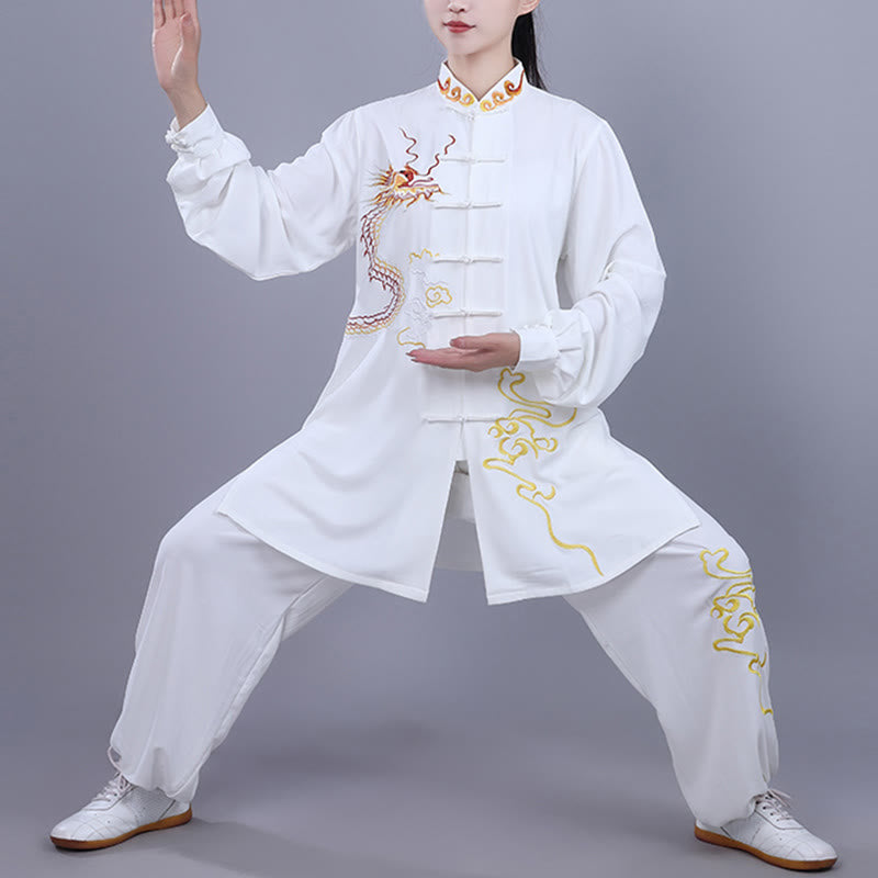 Buddha Stones 2 pezzi ricamo autunnale drago rana-bottone Tai Chi meditazione Qigong Zen pratica unisex cotone abbigliamento set - Bianco - 3XL- ADATTO A US/ UK/AU/ EU- XL - image 8
