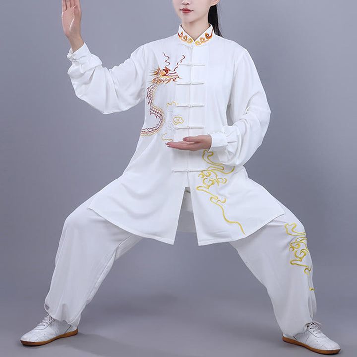 Buddha Stones 2 pezzi ricamo autunnale drago rana-bottone Tai Chi meditazione Qigong Zen pratica unisex cotone abbigliamento set - Bianco - 3XL- ADATTO A US/ UK/AU/ EU- XL - image 8