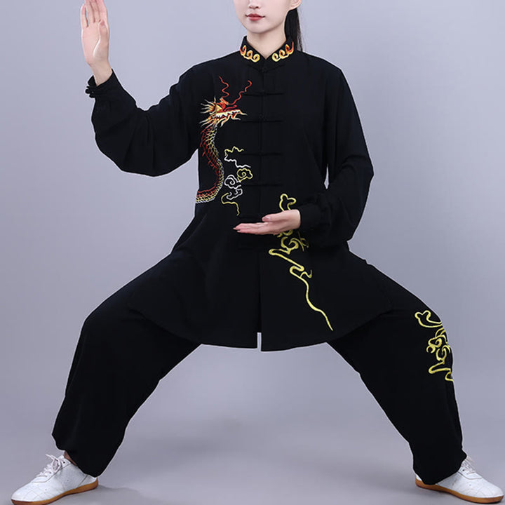 Buddha Stones 2 pezzi ricamo autunnale drago rana-bottone Tai Chi meditazione Qigong Zen pratica unisex cotone abbigliamento set