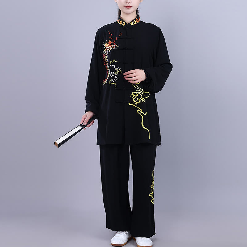 Buddha Stones 2 pezzi ricamo autunnale drago rana-bottone Tai Chi meditazione Qigong Zen pratica unisex cotone abbigliamento set