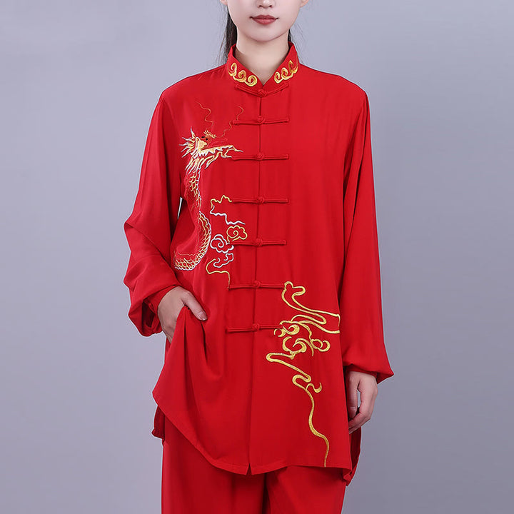 Buddha Stones 2 pezzi ricamo autunnale drago rana-bottone Tai Chi meditazione Qigong Zen pratica unisex cotone abbigliamento set