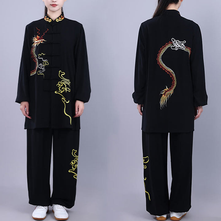 Buddha Stones 2 pezzi ricamo autunnale drago rana-bottone Tai Chi meditazione Qigong Zen pratica unisex cotone abbigliamento set