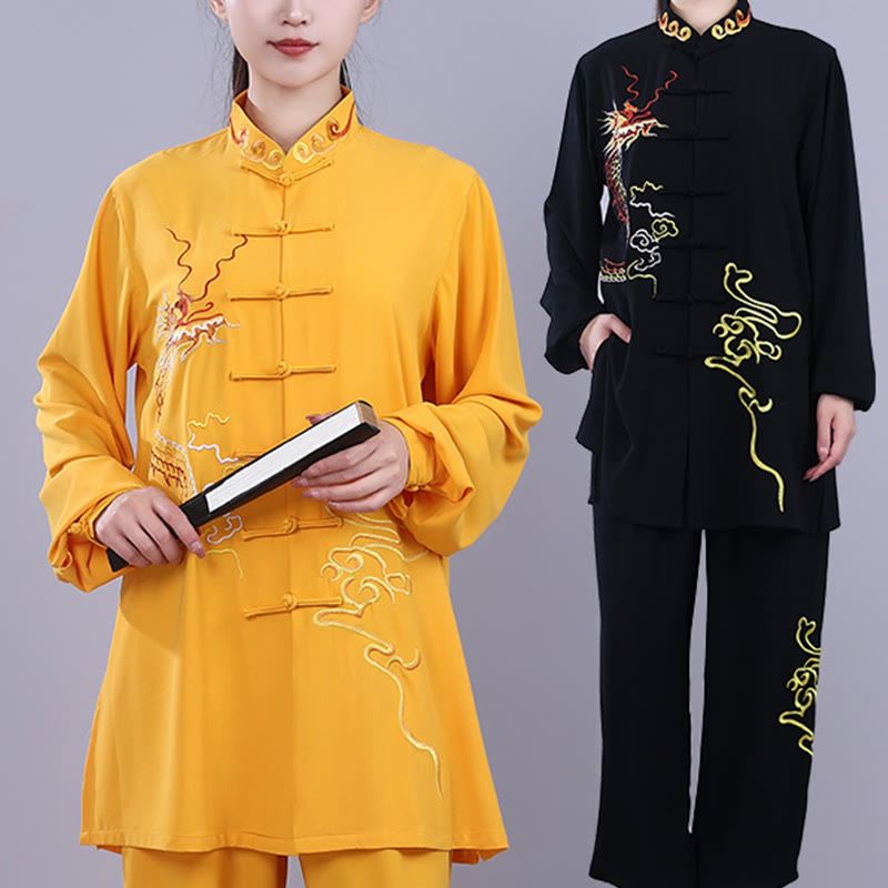 Buddha Stones 2 pezzi ricamo autunnale drago rana-bottone Tai Chi meditazione Qigong Zen pratica unisex cotone abbigliamento set