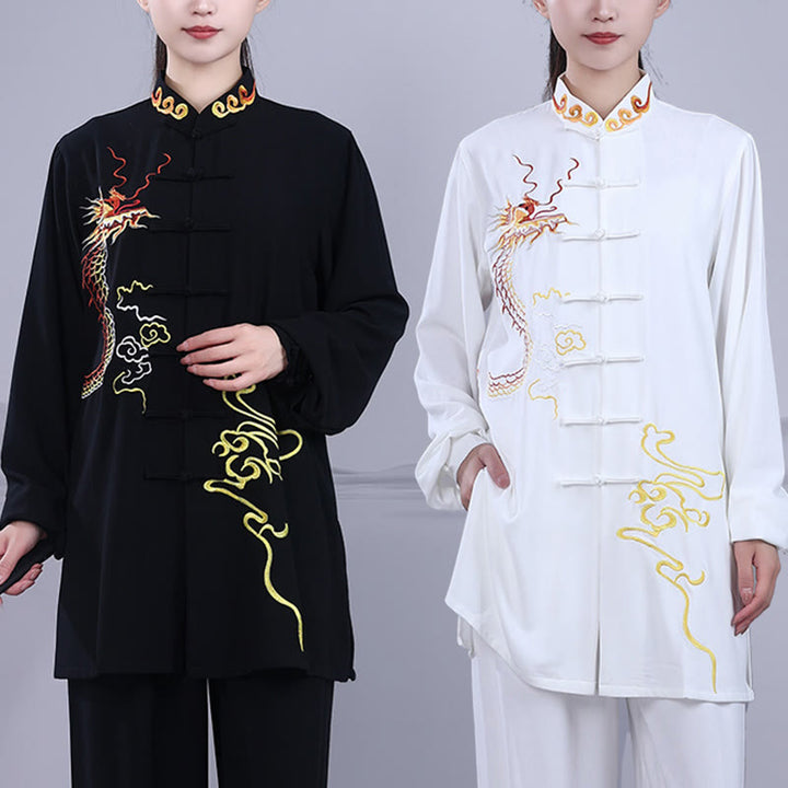 Buddha Stones 2 pezzi ricamo autunnale drago rana-bottone Tai Chi meditazione Qigong Zen pratica unisex cotone abbigliamento set
