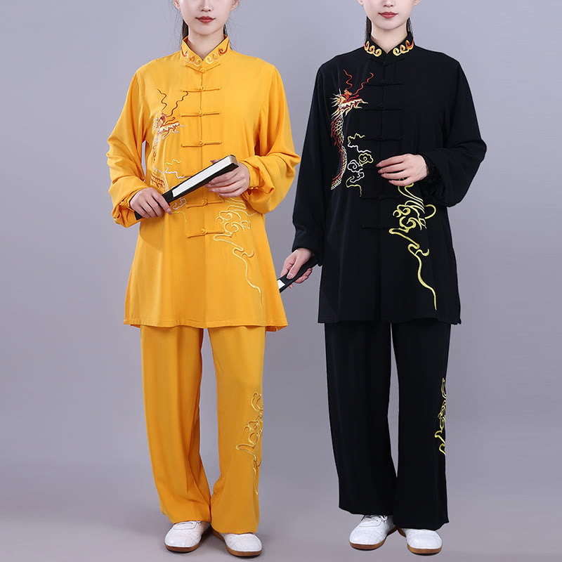 Buddha Stones 2 pezzi ricamo autunnale drago rana-bottone Tai Chi meditazione Qigong Zen pratica unisex cotone abbigliamento set