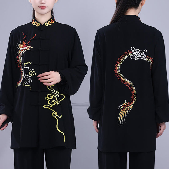 Buddha Stones 2 pezzi ricamo autunnale drago rana-bottone Tai Chi meditazione Qigong Zen pratica unisex cotone abbigliamento set - image 4