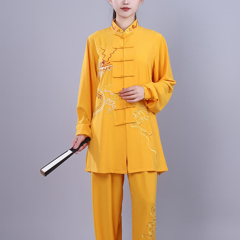 Buddha Stones 2 pezzi ricamo autunnale drago rana-bottone Tai Chi meditazione Qigong Zen pratica unisex cotone abbigliamento set