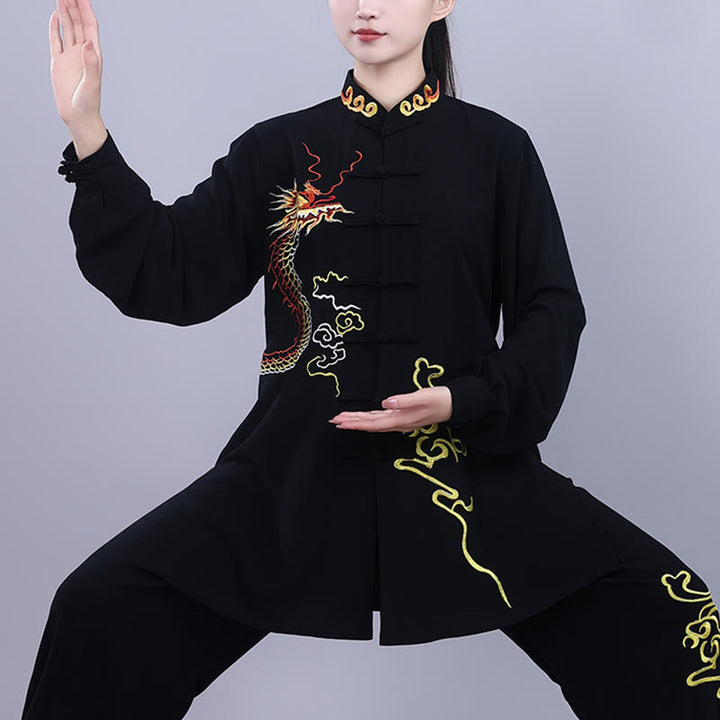 Buddha Stones 2 pezzi ricamo autunnale drago rana-bottone Tai Chi meditazione Qigong Zen pratica unisex cotone abbigliamento set