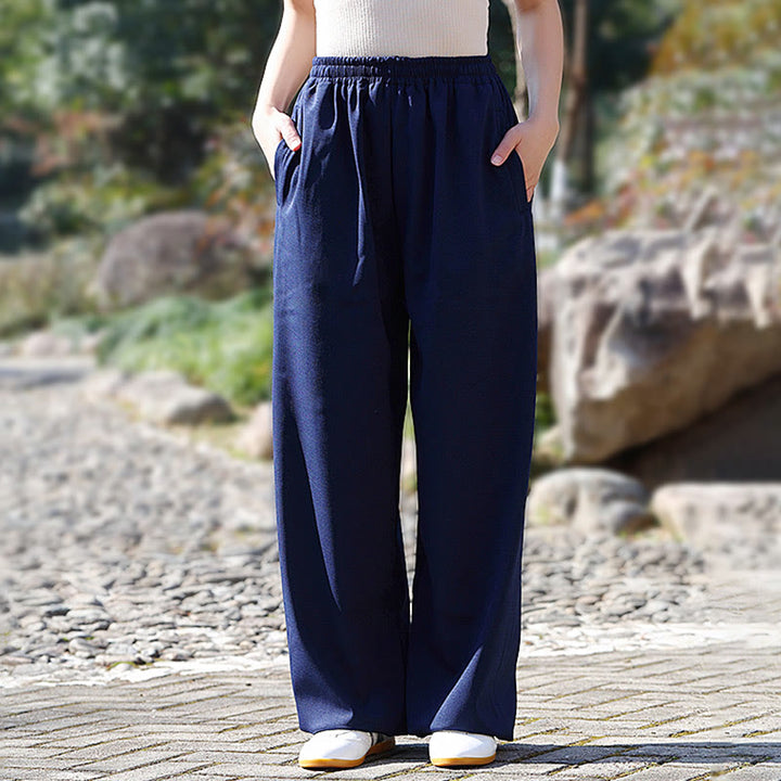 Buddha Stones da allenamento in cotone e lino con fodera in pile, con tasche, unisex, elastici in vita, per Tai Chi e Qigong - image 1