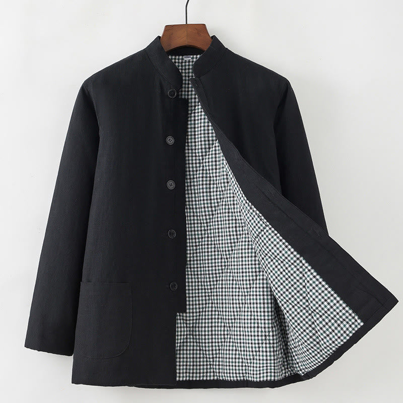 Buddha Stones Giacca da uomo invernale con bottoni a rana, foderata in pile di cotone e lino, con tasche - Nero - Bottone abbassato - US/UK/AU44, EU54 (4XL) - image 12