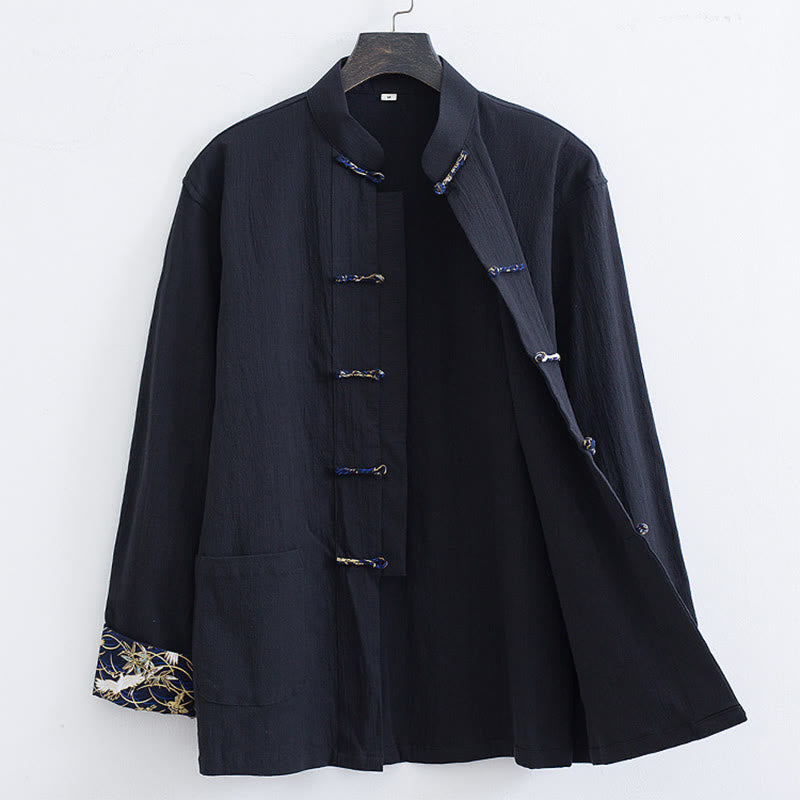 Giacca camicia con ricamo gru bianca in cotone con bottoni a rana da uomo Buddha Stones Tang Suit con tasche - image 2