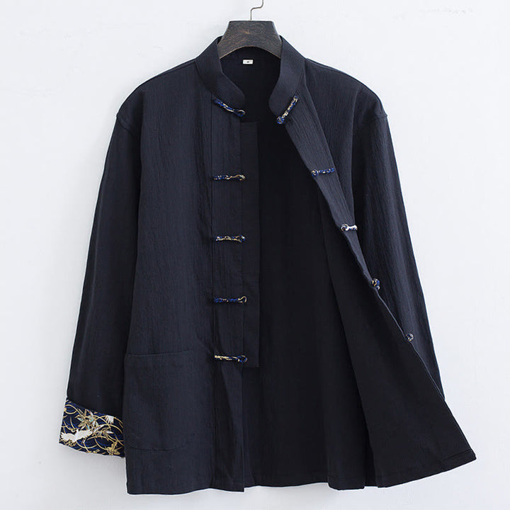 Giacca camicia con ricamo gru bianca in cotone con bottoni a rana da uomo Buddha Stones Tang Suit con tasche - image 2